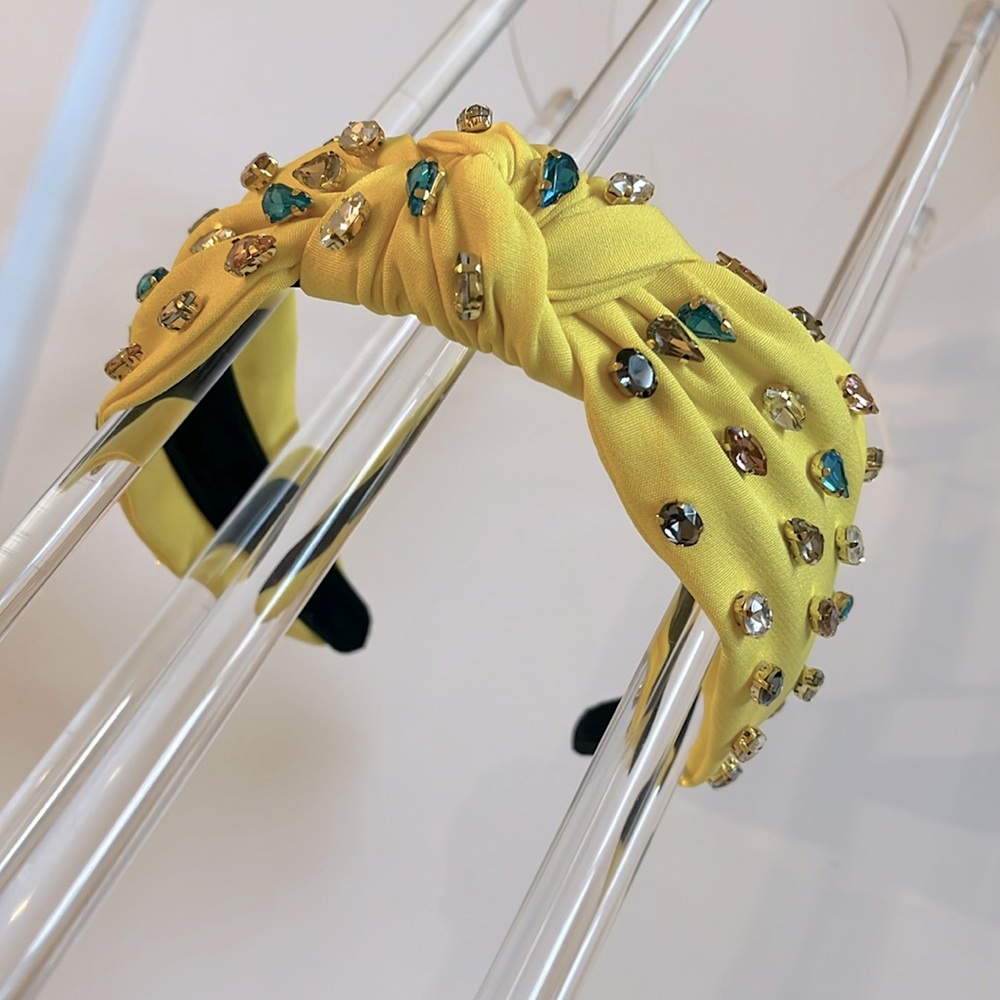 Bright Yellow Fabric and Colorful Rhinestone Jewel Headband lined flexible 💛